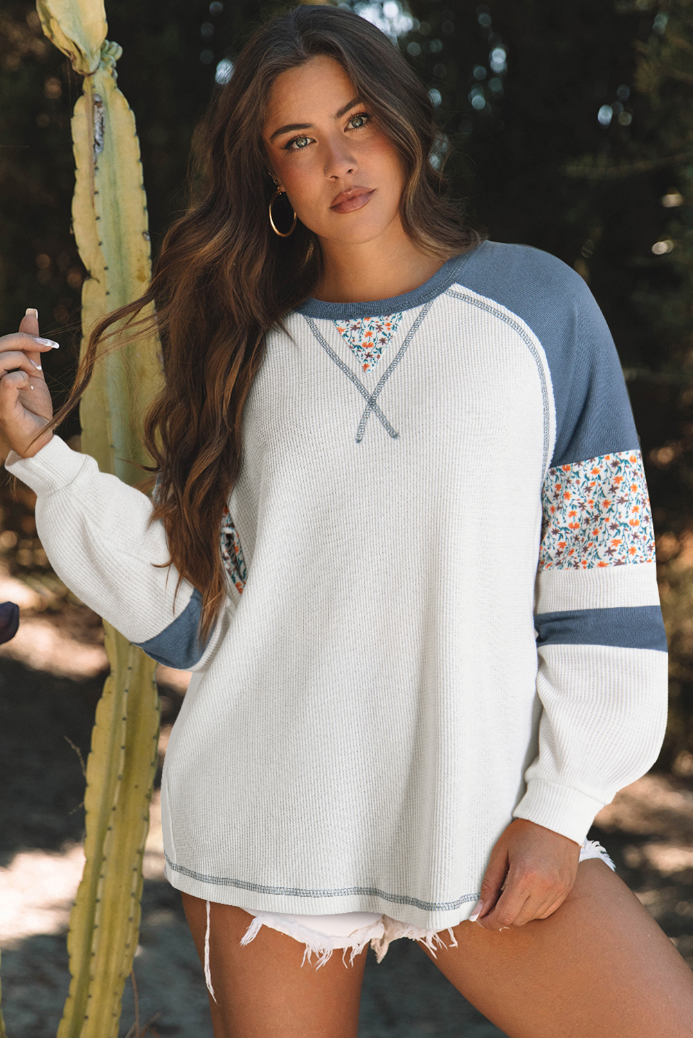 White Floral Patchwork Waffle Knit Raglan Top - loveforevers