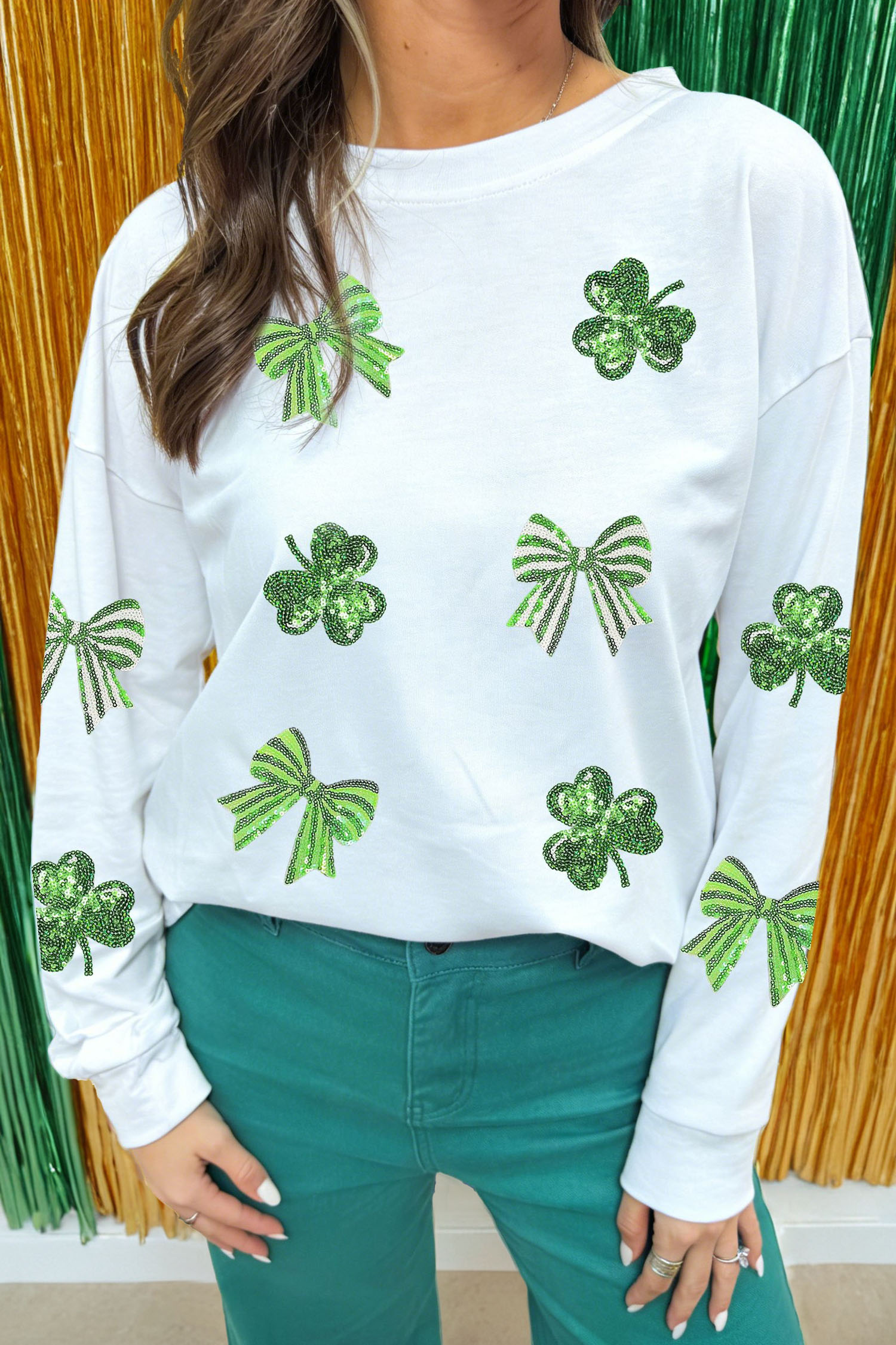 White LUCKY Clover Embroidered Long Sleeve Top - loveforevers