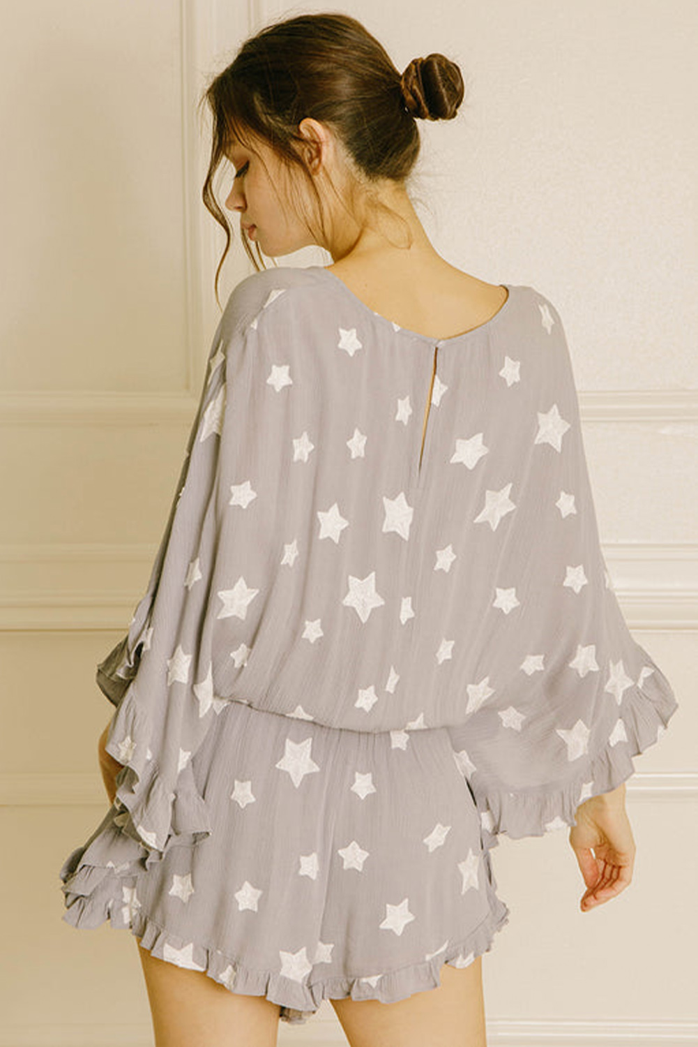 Gray Star Print Crinkle Textured Kimono Ruffle Sleeve Romper - loveforevers