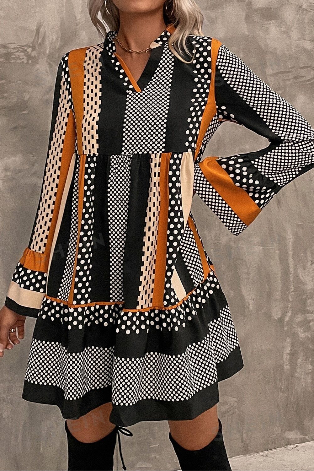 Black Striped Polka Dot Print Ruffled Hem V Neck Mini Dress - loveforevers