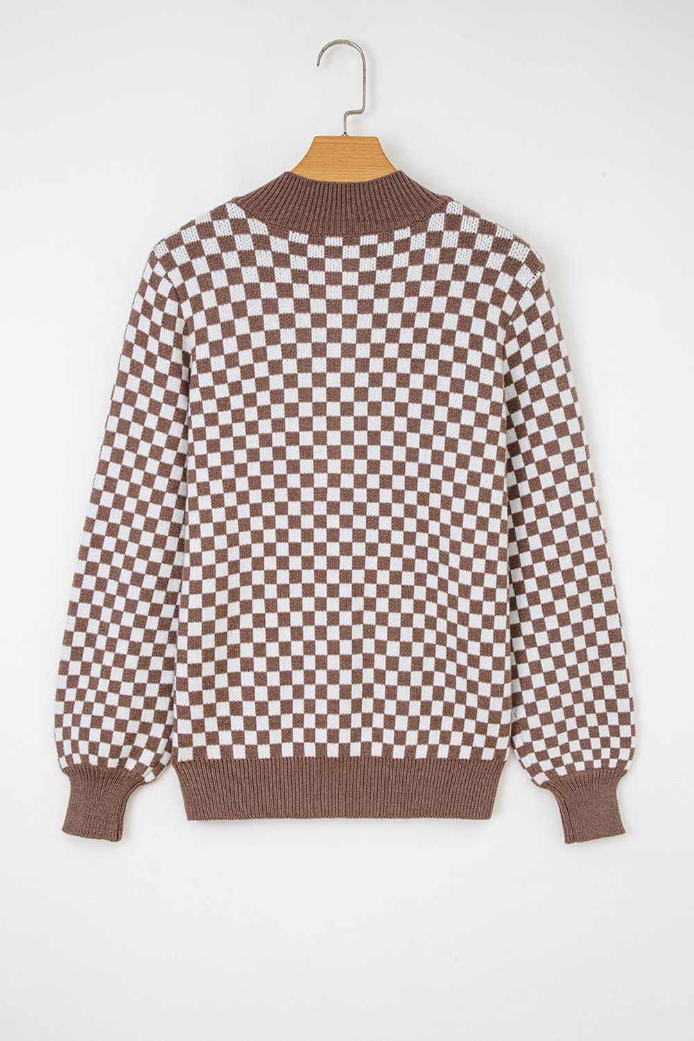 Dark Brown Half Button Ribbed Trim Checkerboard Knit Sweater - loveforevers
