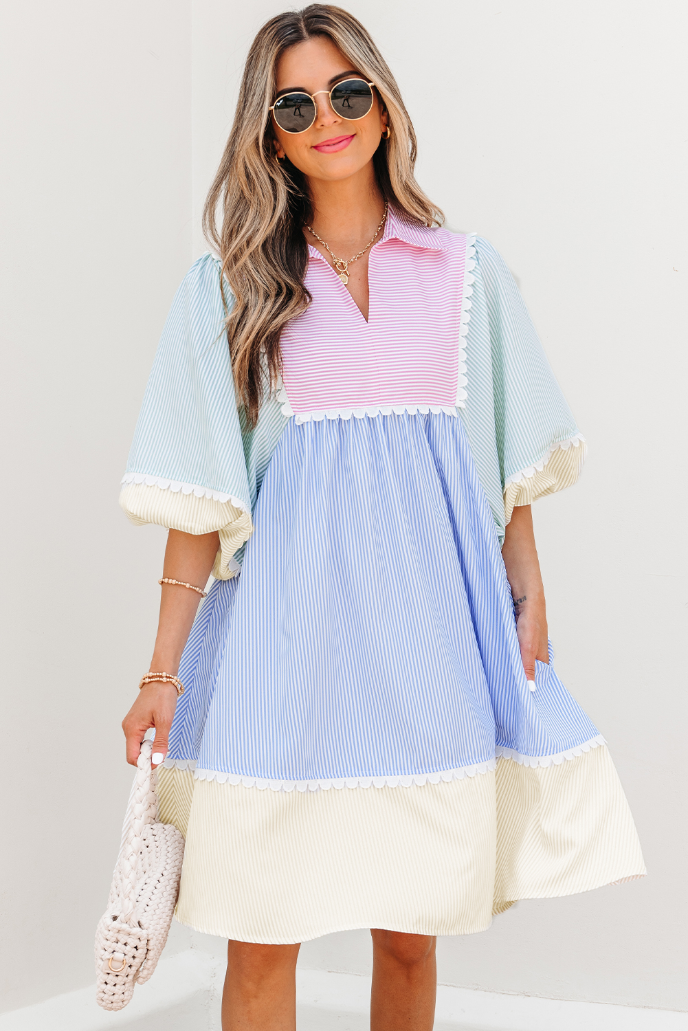 Multicolour Striped Patchwork Ric Rac Puff Sleeve Collared Mini Dress - loveforevers