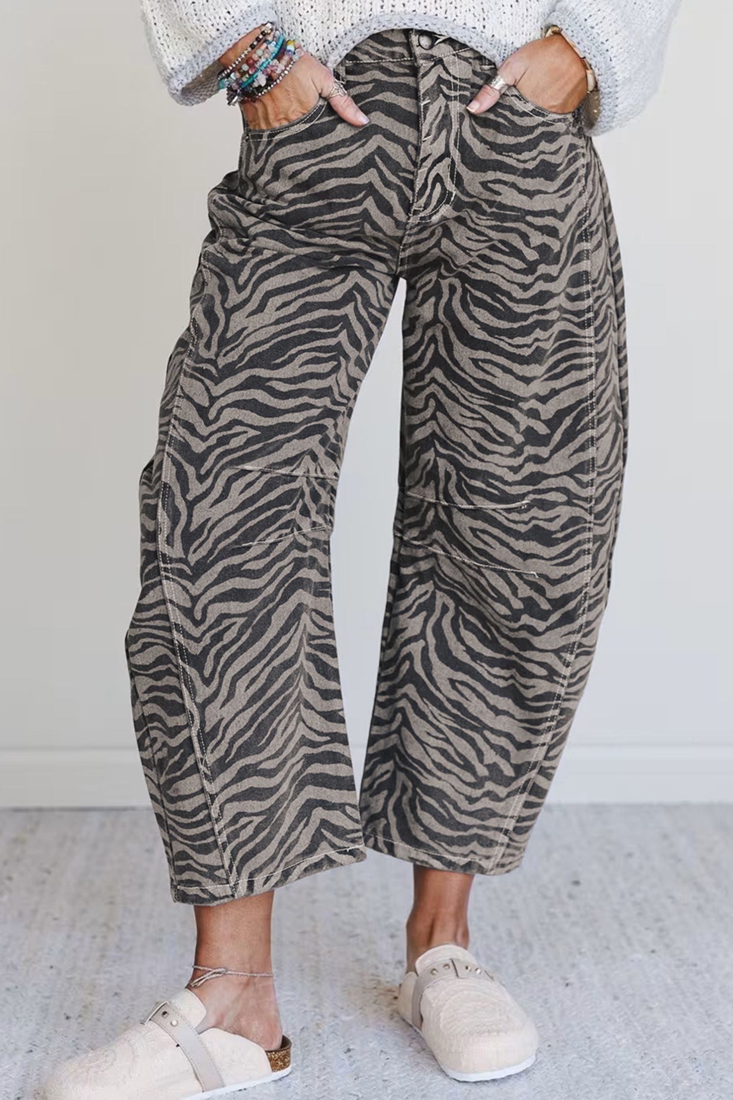 Gray Zebra Stripe Printed Wide Leg Jeans - loveforevers