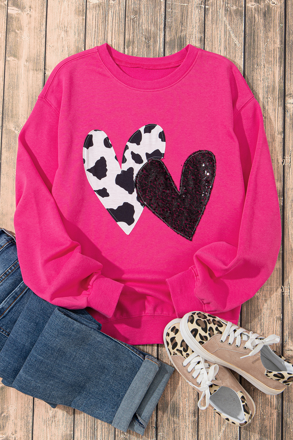 Strawberry Pink Cow & Sequin Double Heart Patch Graphic Sweatshirt - loveforevers
