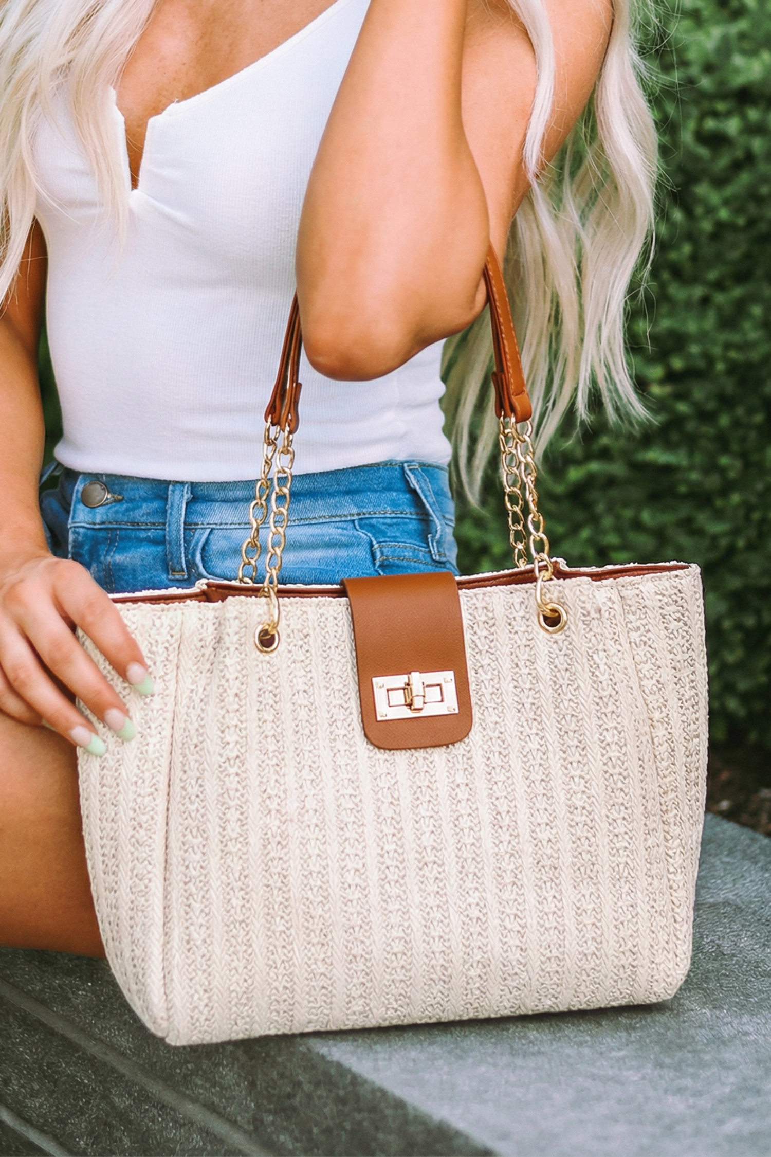 Coffee PU Leather Chain Handle Woven Textured Knit Tote Bag - loveforevers