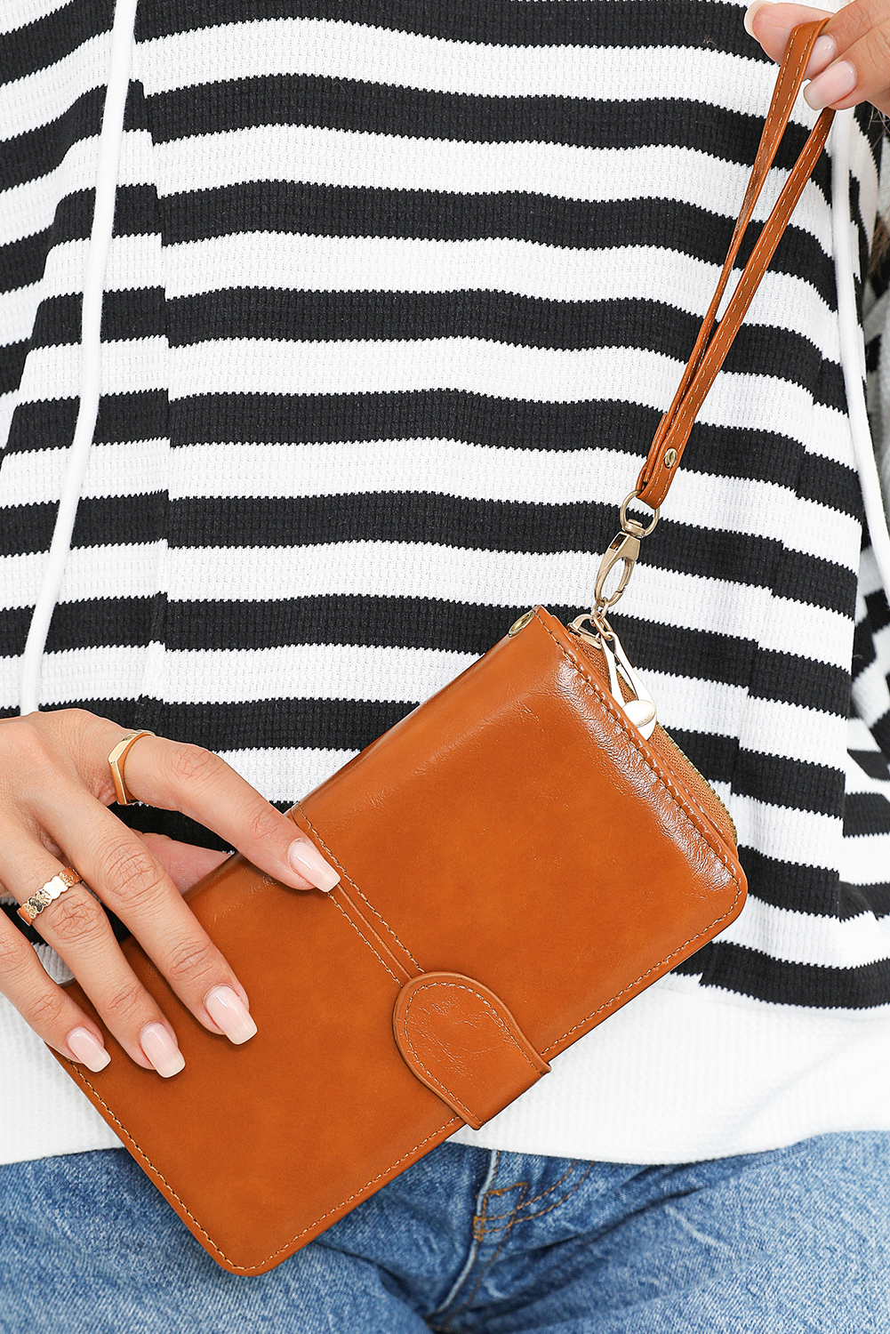 Cinnamon Faux Leather Zip Around Wrist Strap Long Wallet - loveforevers