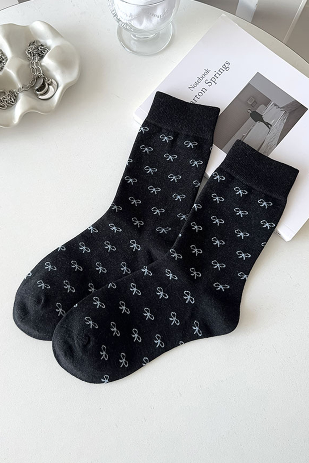 Black Bow Knots Ribbed Edge Crew Socks - loveforevers