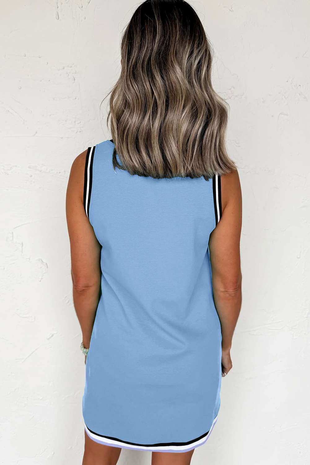Mint Green Varsity Contrast Striped V Neck Long Sleeve T Shirt Dress with Pockets - loveforevers