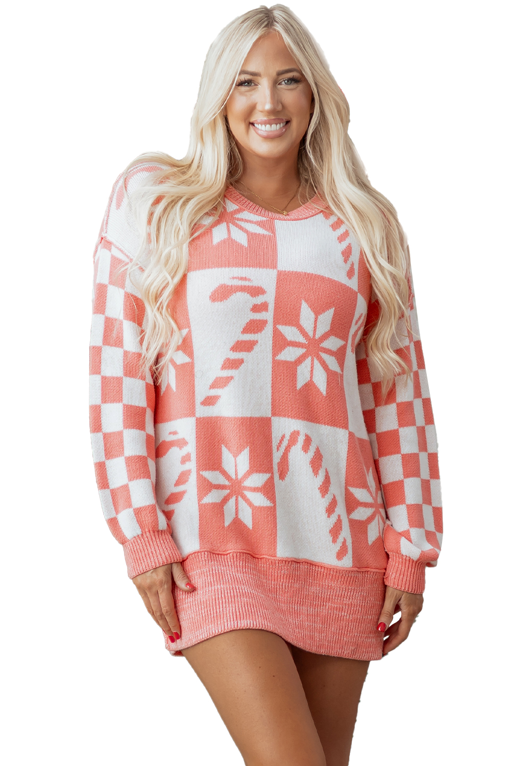 Pink Candycane Snowflake Checker Christmas Holiday Drop Shoulder Tunic Loose Sweater - loveforevers
