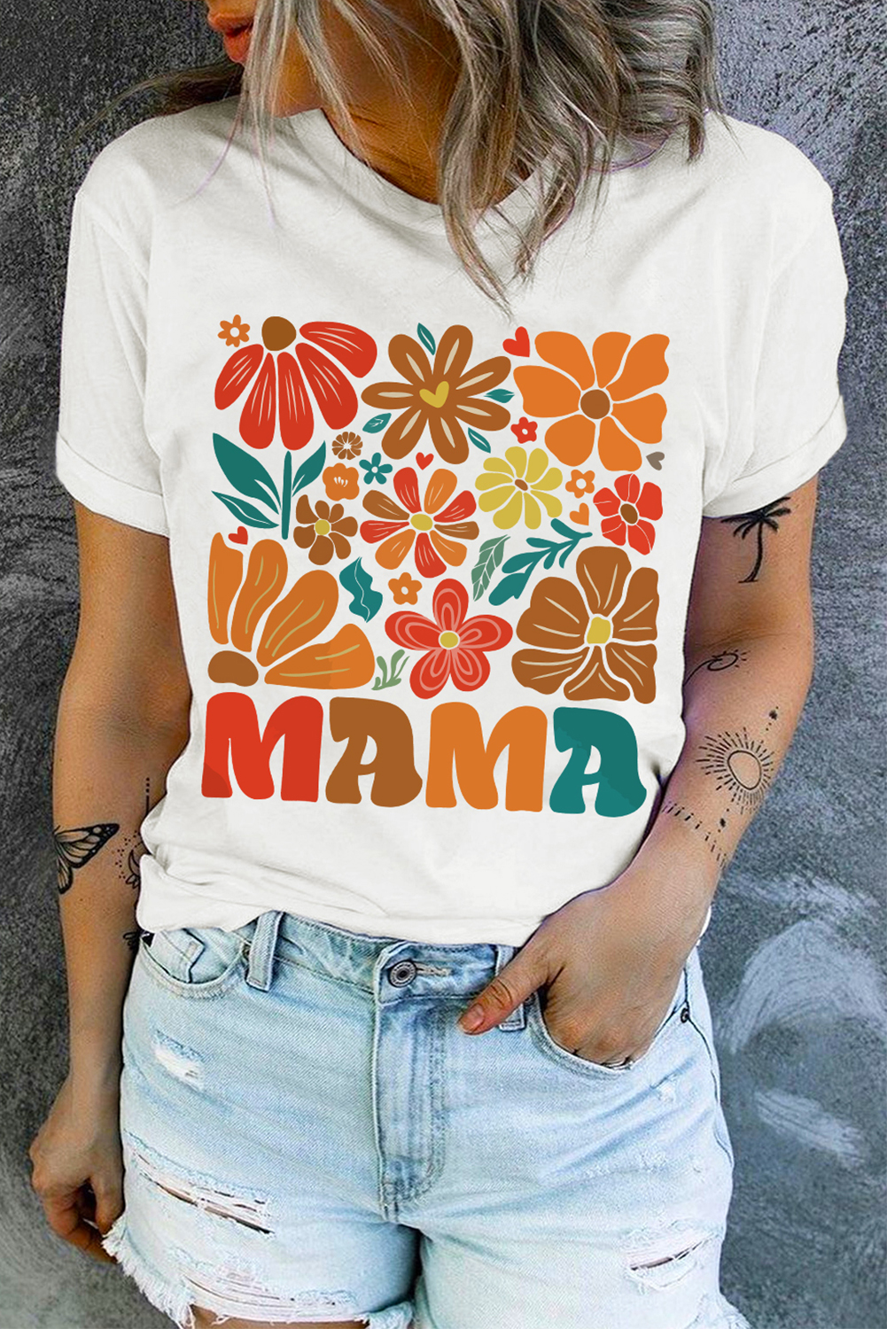 White MAMA Flower Graphic Crewneck Tee - loveforevers