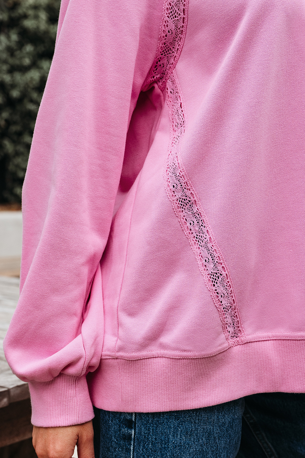 Bright Pink Lace Patched Raglan Sleeve Loose Fit Sweatshirt - loveforevers
