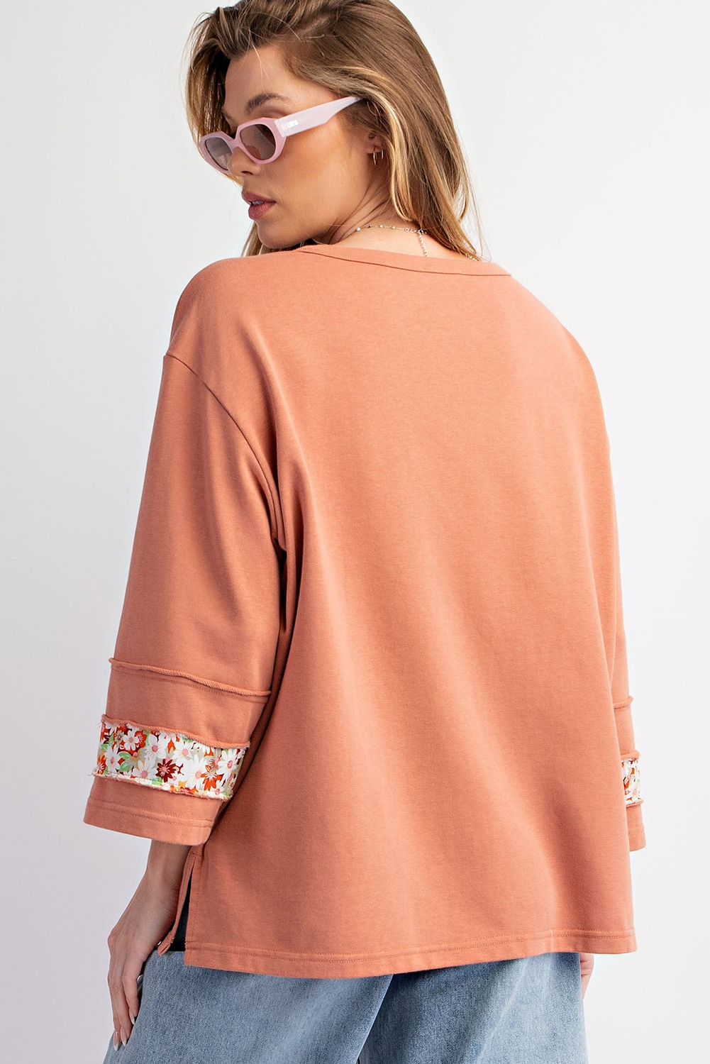 Beige Flower Patch Graphic Exposed Seam Wide Sleeve Top - loveforevers