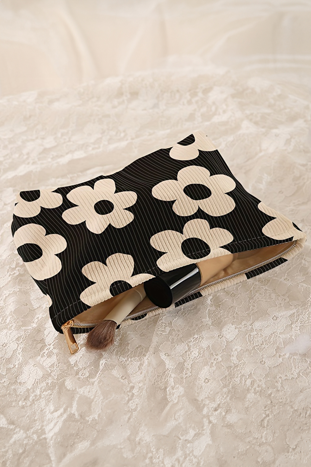 Red Flower Printed Rib Textured Cosmetic Bag - loveforevers