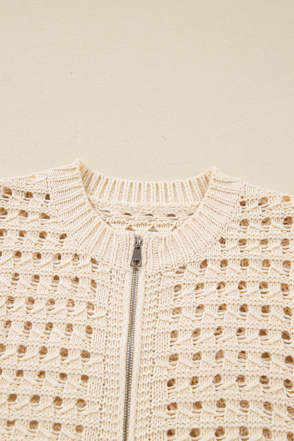 Beige Hollowed Pattern Knit Zip Up Drop Shoulder Sweater Cardigan - loveforevers