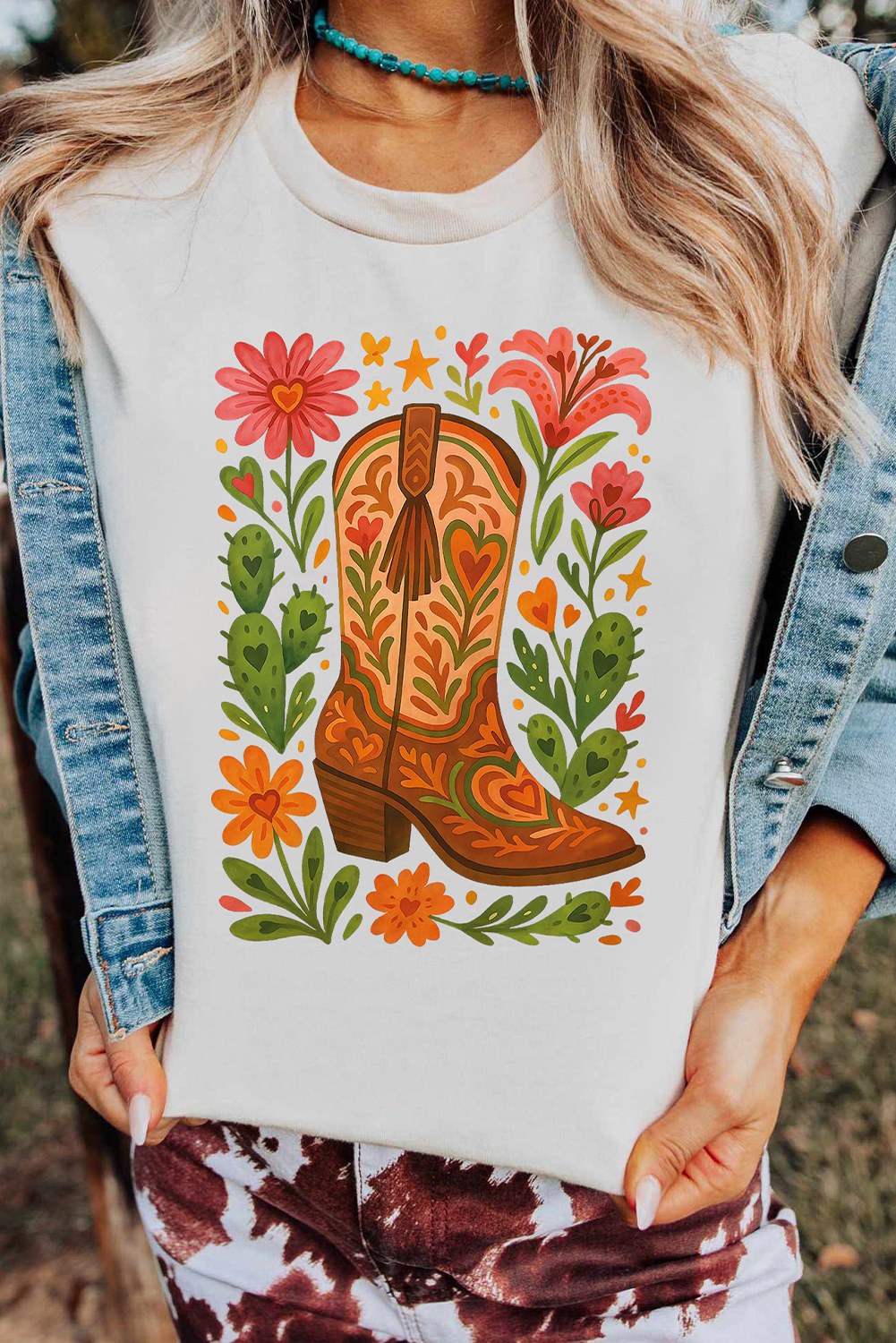 White Western Floral Boots Printed Casual Cotton Blend T Shirt - loveforevers
