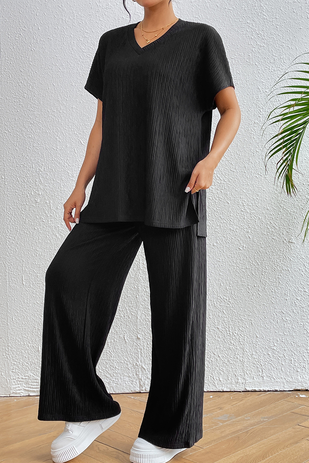Black Ribbed Texture Side Split Loose Tee and Pants Set - loveforevers
