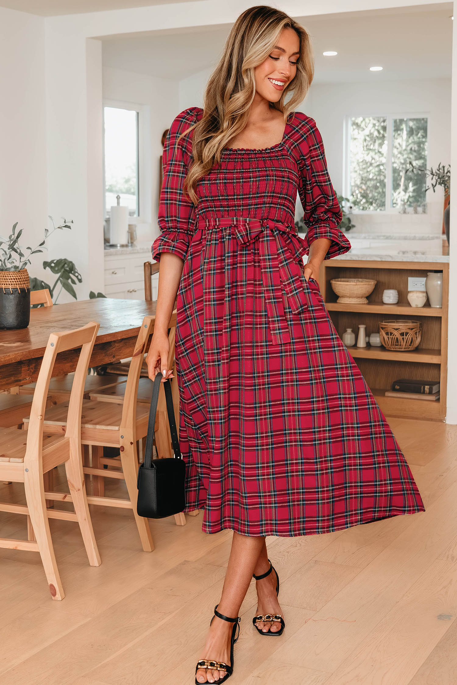 Red Tartan Plaid Square Neck Puff Sleeve Knot Waist Flared Midi Dress - loveforevers
