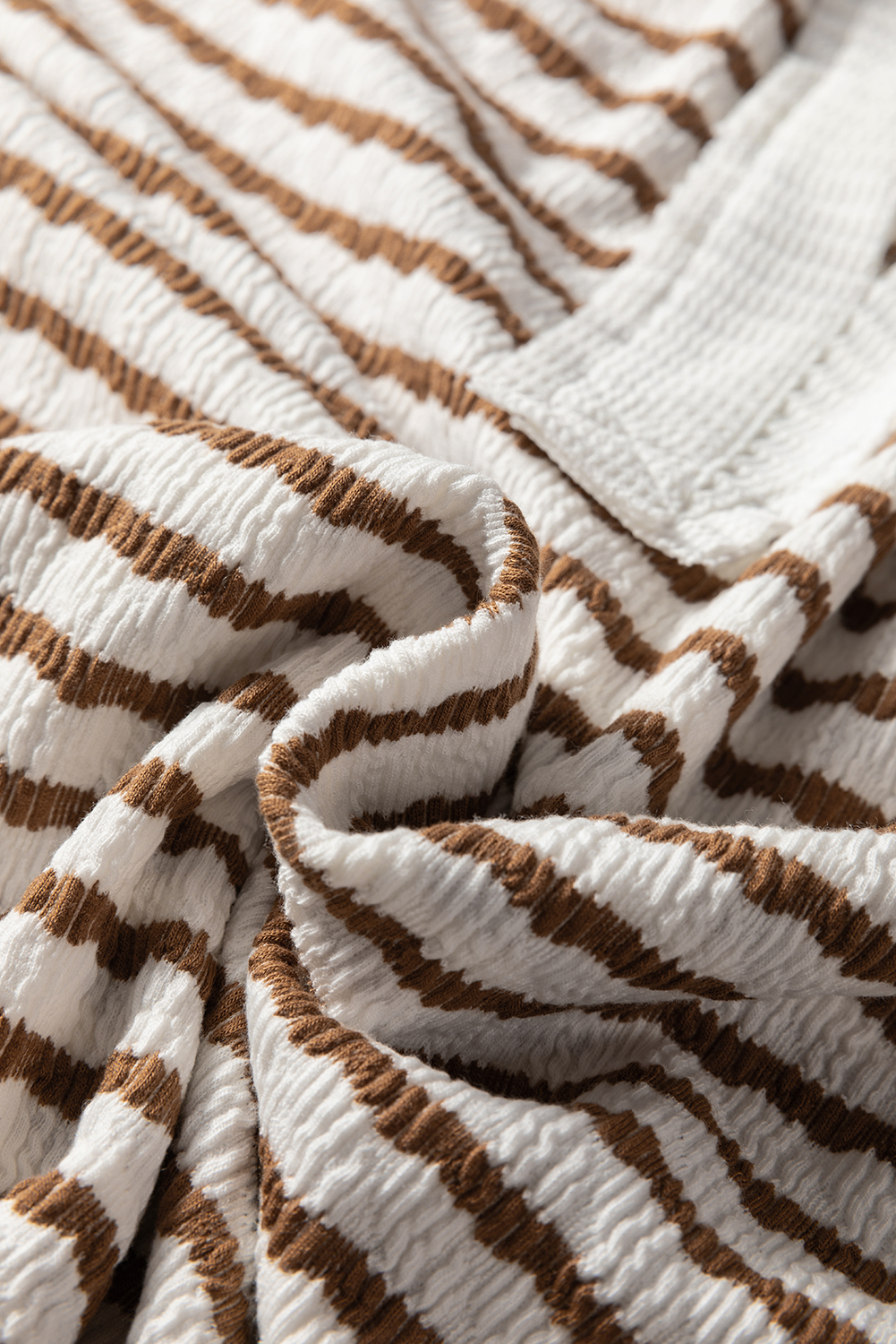Khaki Stripe Textured Hooded V Neck Casual Long Sleeve Top - loveforevers