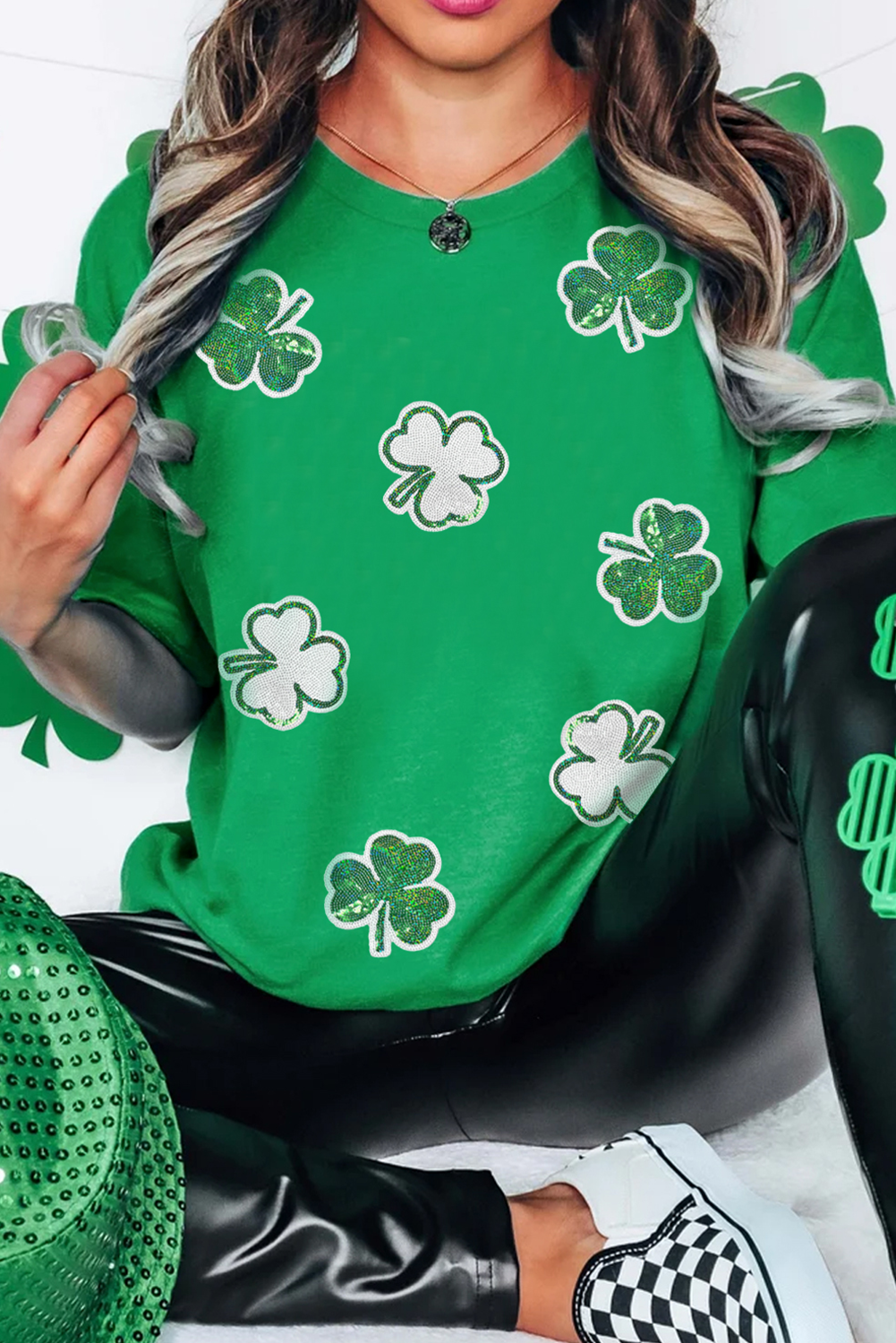 Bright Green St Patricks Sequined Clover Pattern T Shirt - loveforevers