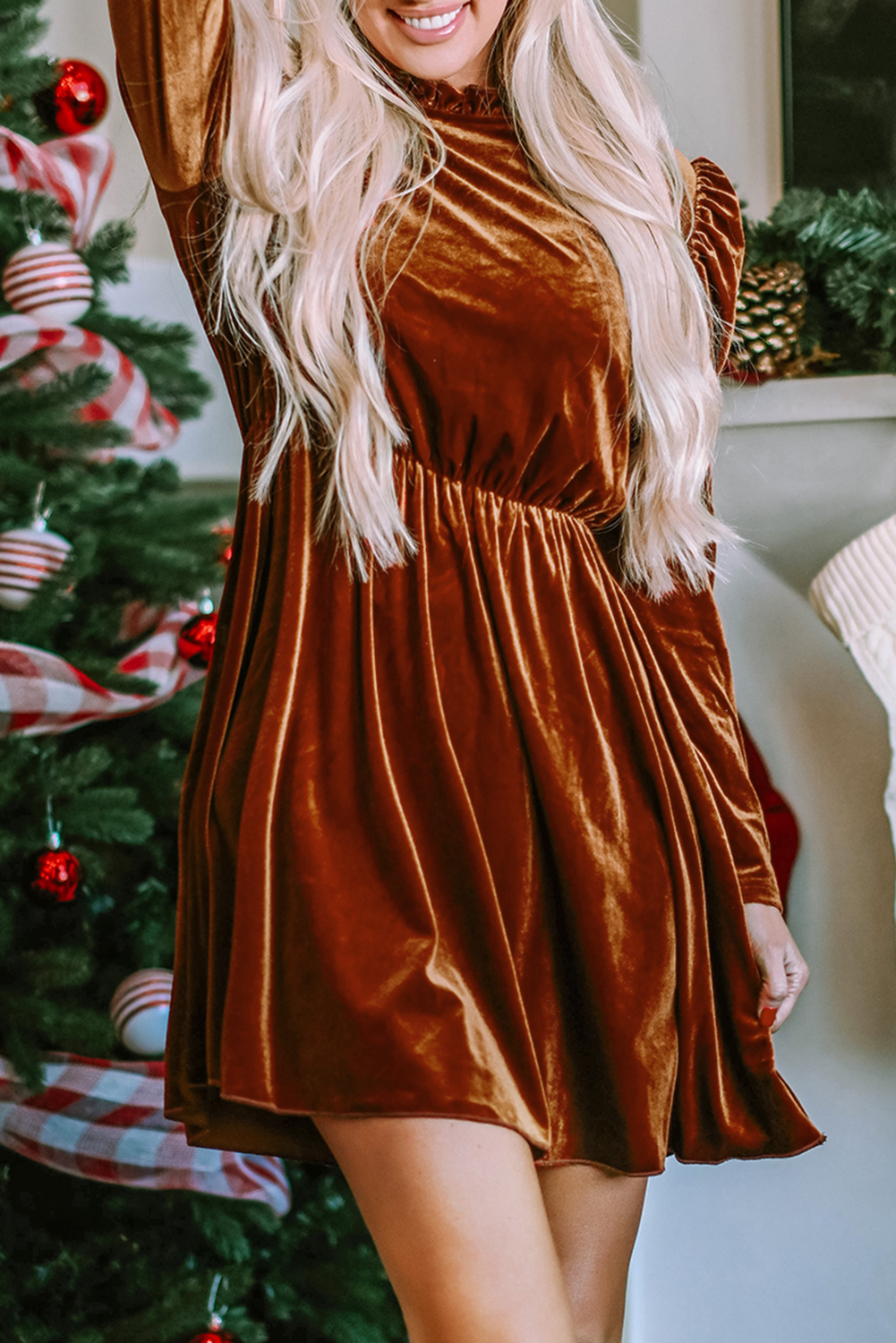 Chestnut Velvet Frilled Neck Gigot Sleeve Swing Dress - loveforevers