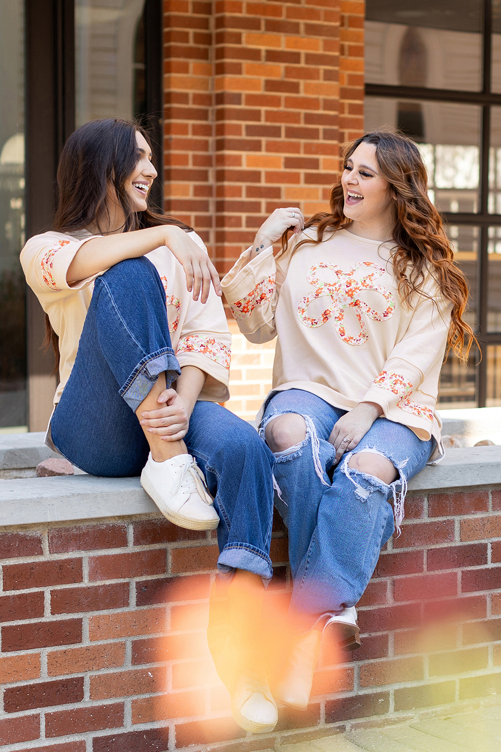 Beige Flower Patch Graphic Exposed Seam Wide Sleeve Top - loveforevers