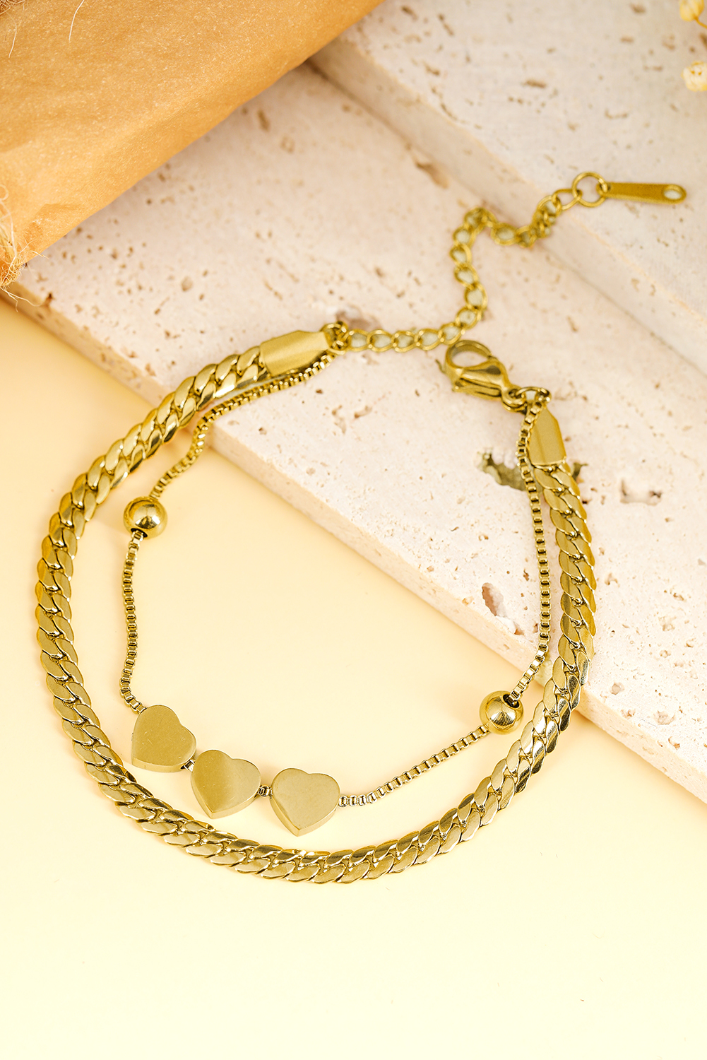 Gold Triple Heart Double Layer Adjustable Chain Bracelet - loveforevers