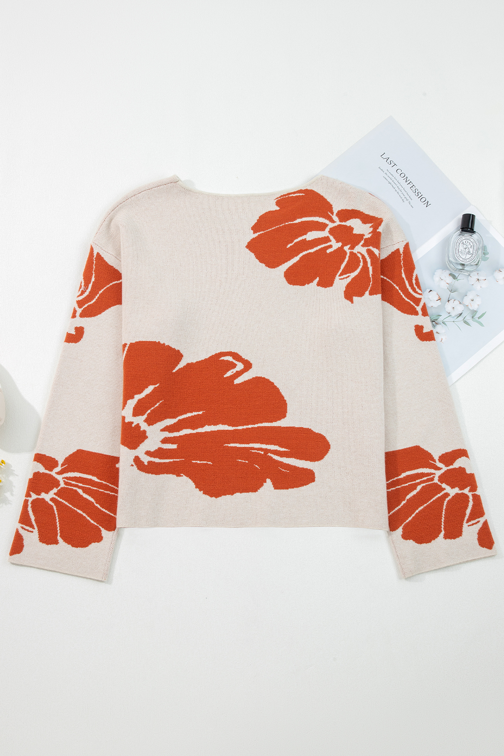 Beige Bold Flower Pattern Wide Sleeve Baggy Sweater - loveforevers