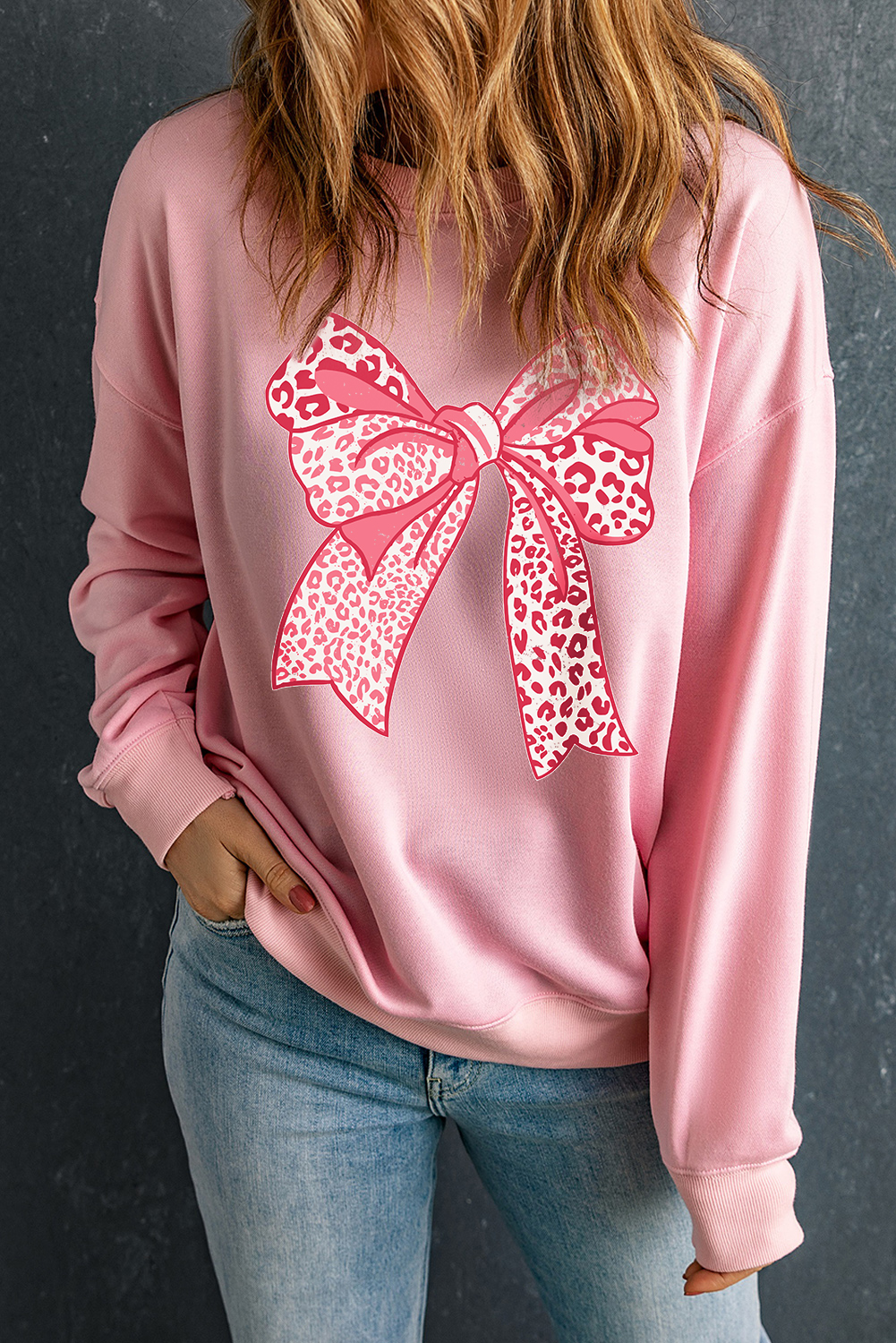 Pink Leopard Bowknot Printed Crewneck Pullover Sweatshirt - loveforevers