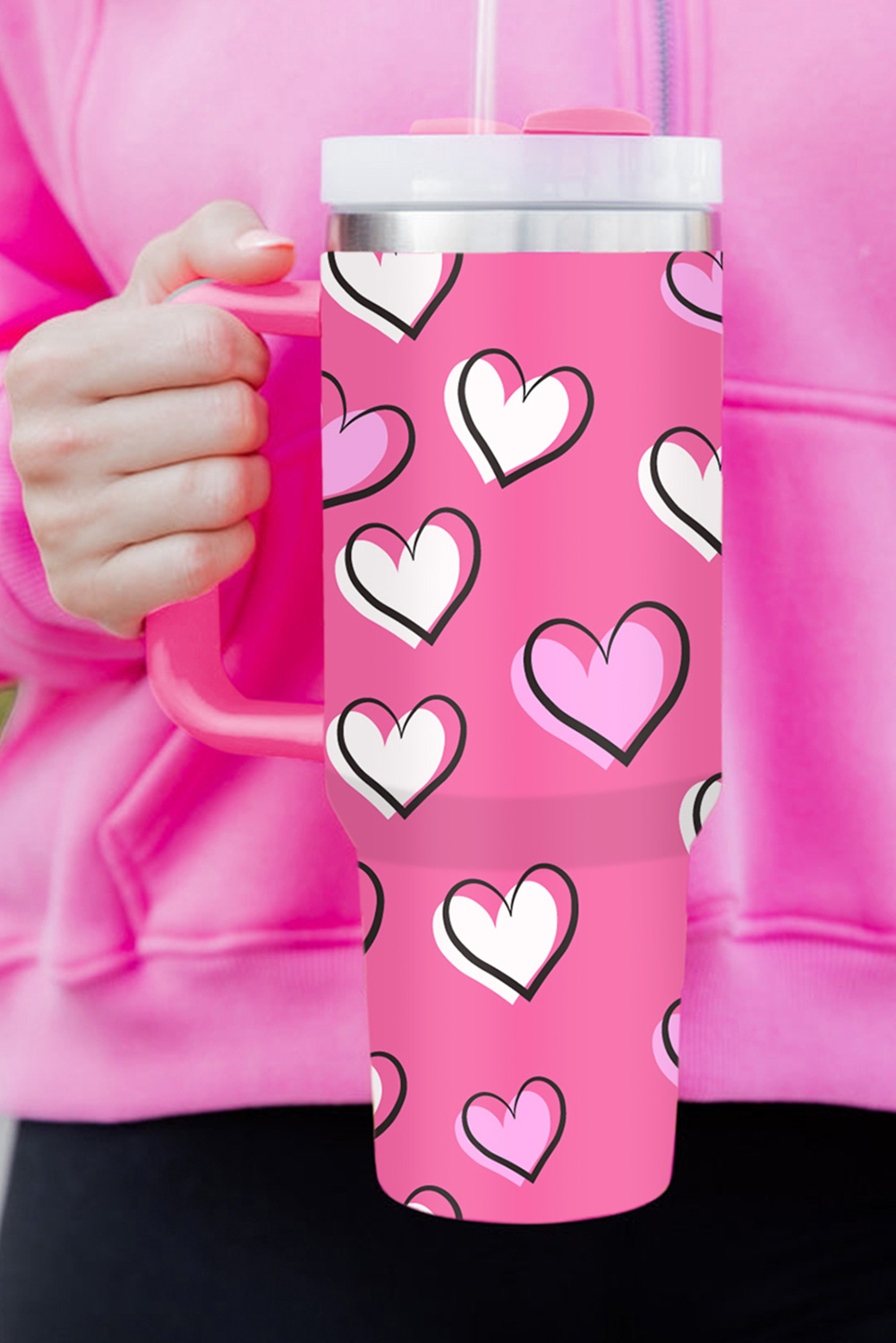 Black Valentines Heart Printed Thermos Cup with Handle 40oz - loveforevers