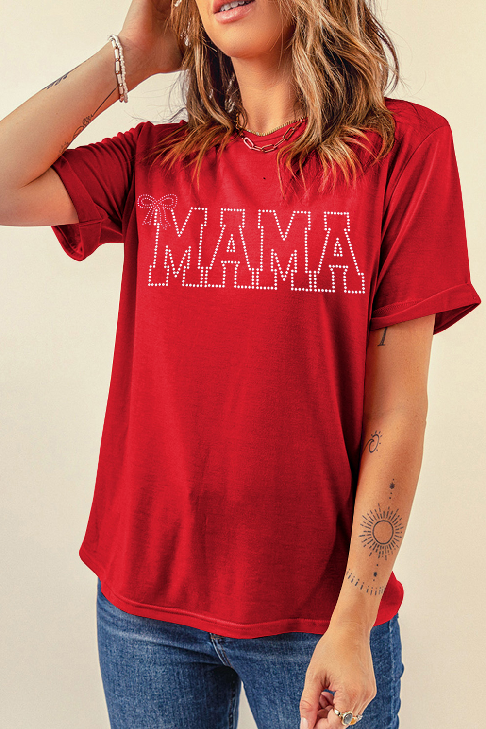 Red Rhinestone MAMA Bow Knot Pattern Crew Neck Loose Tee - loveforevers
