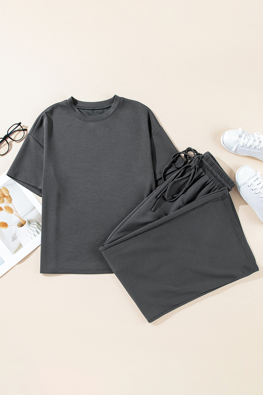 Dark Grey Drawstring Side Crewneck Tee and Loose Pants Set - loveforevers