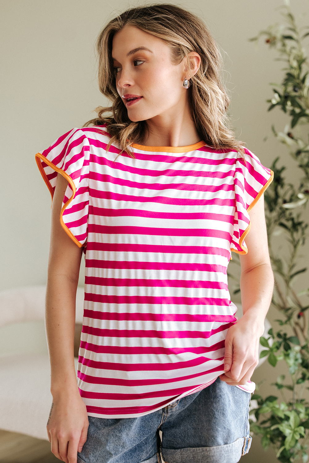 Rose Red Striped Ruffle Sleeve Crew Neck Blouse - loveforevers