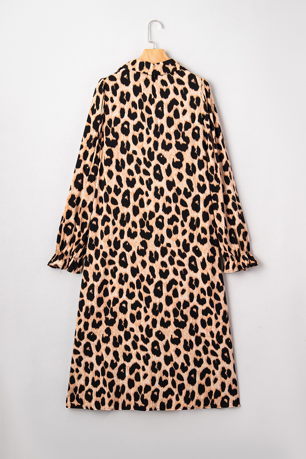 Four Leaf Clover Collared V Neck Smocked Detail Contrast Leopard Trim Bracelet Sleeve Long Dress - loveforevers