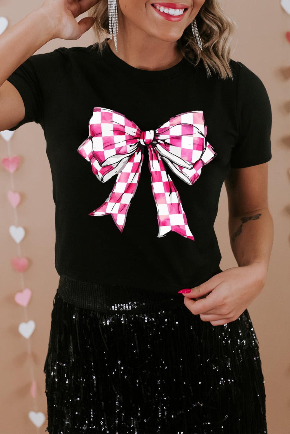 Black Checkerboard Bowknot Graphic Crewneck T Shirt - loveforevers