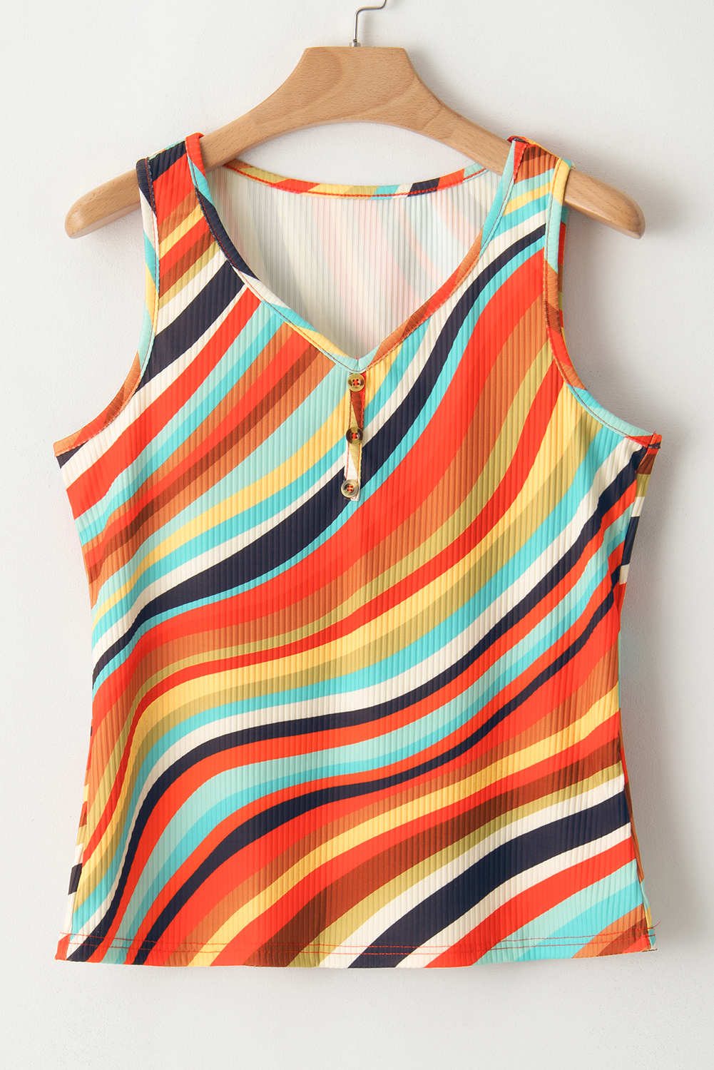 Multicolour Wavy Striped Buttoned V Neck Tank Top - loveforevers