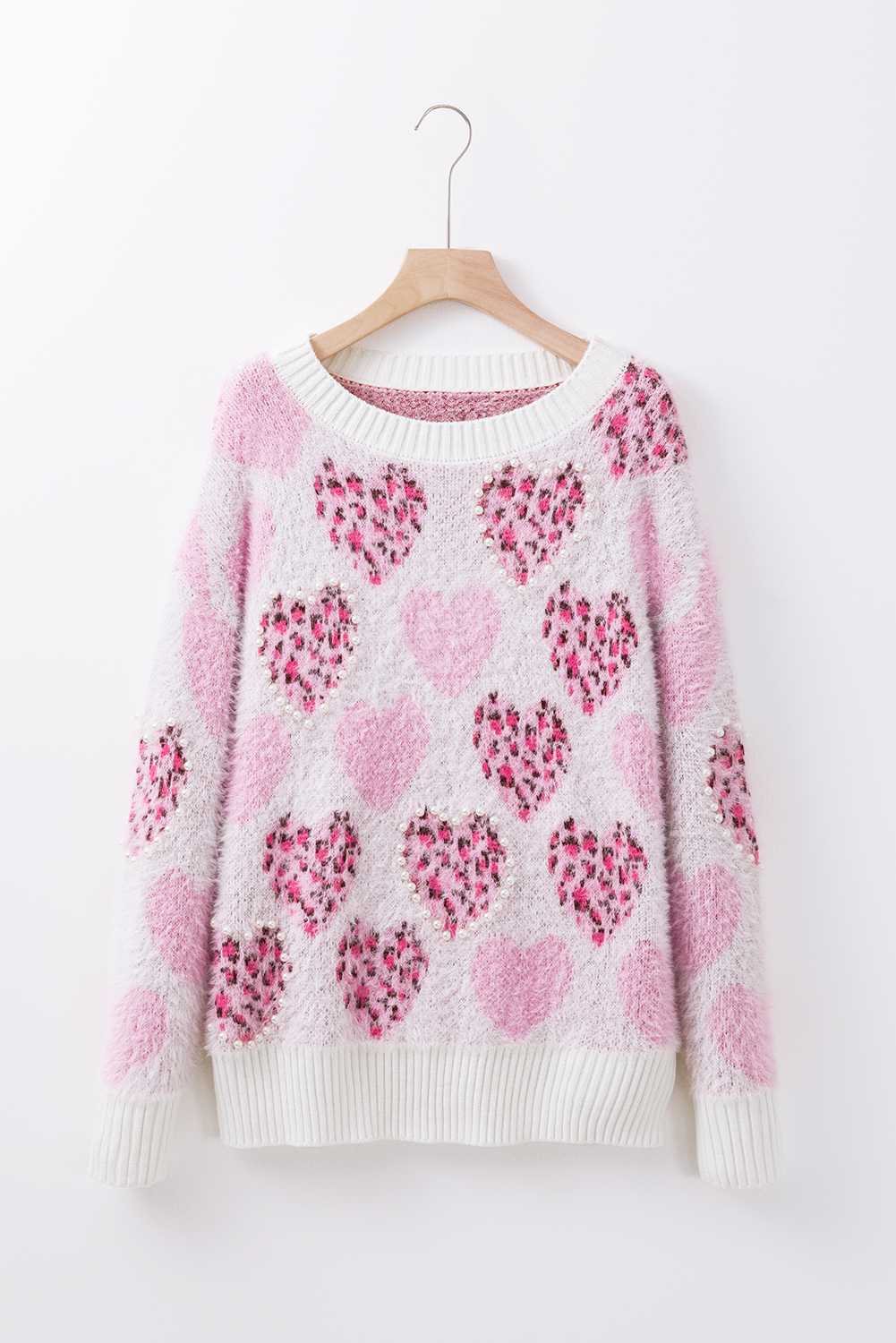 Pink Heart Leopard Print Pearled Ribbed Trim Fuzzy Sweater - loveforevers