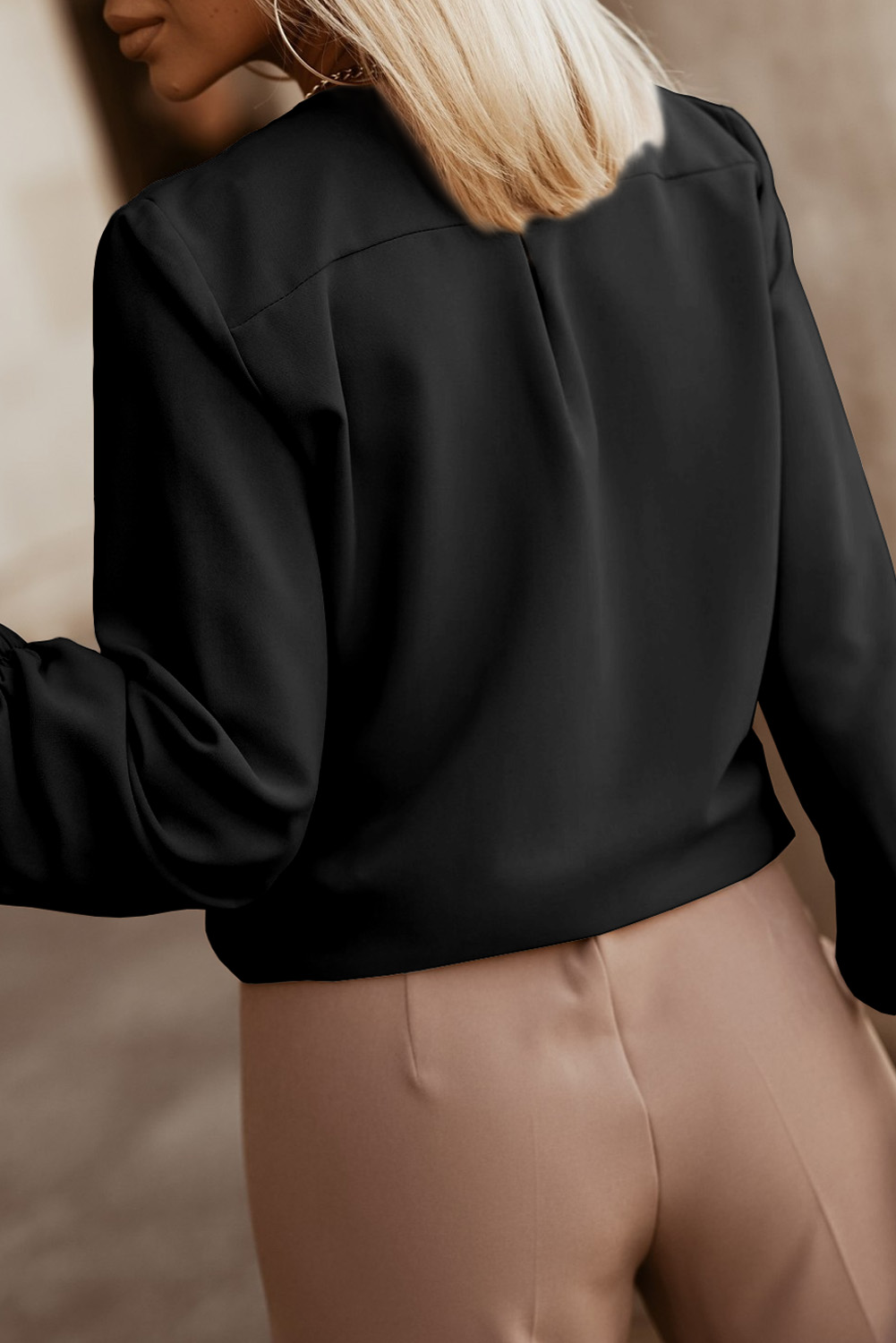 Black Crew Neck Gathered Stretch Cuff Shirt - loveforevers