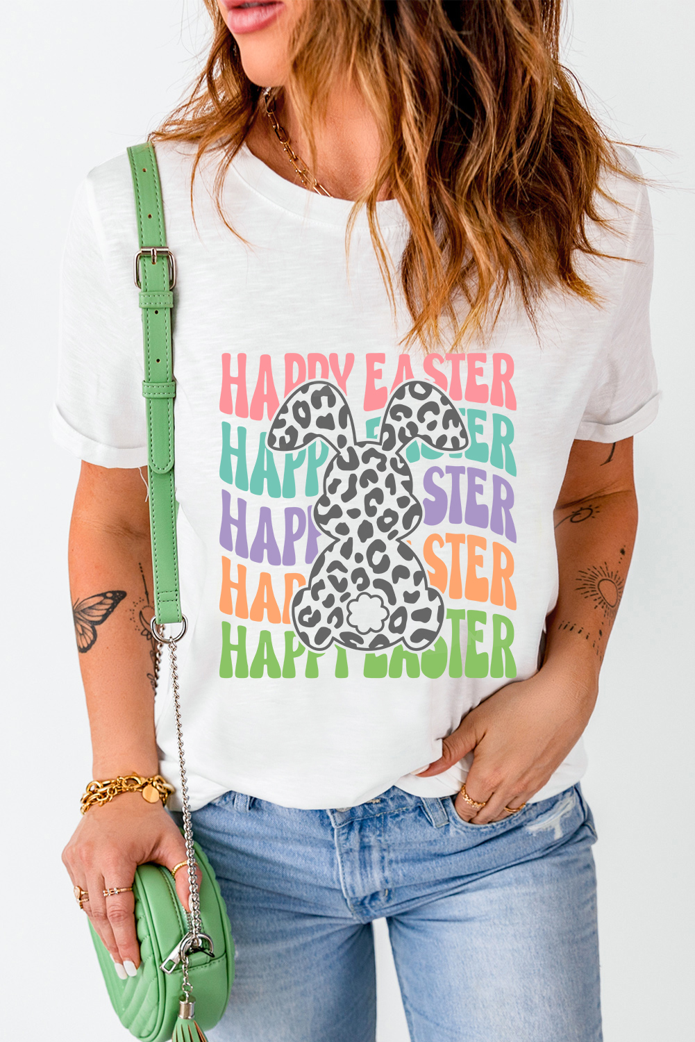 White Rabbit Bow Knot Print Crew Neck T Shirt - loveforevers