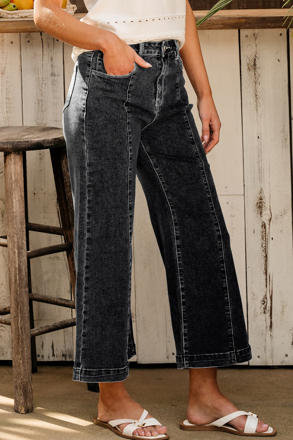 Black Plain Seam Detail Flared Bottom Ankle Length Jeans - loveforevers
