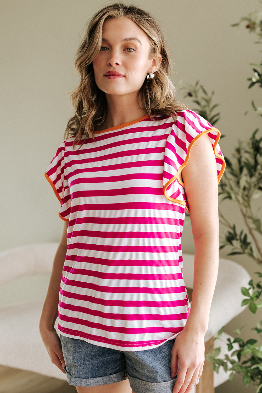 Rose Red Striped Ruffle Sleeve Crew Neck Blouse - loveforevers