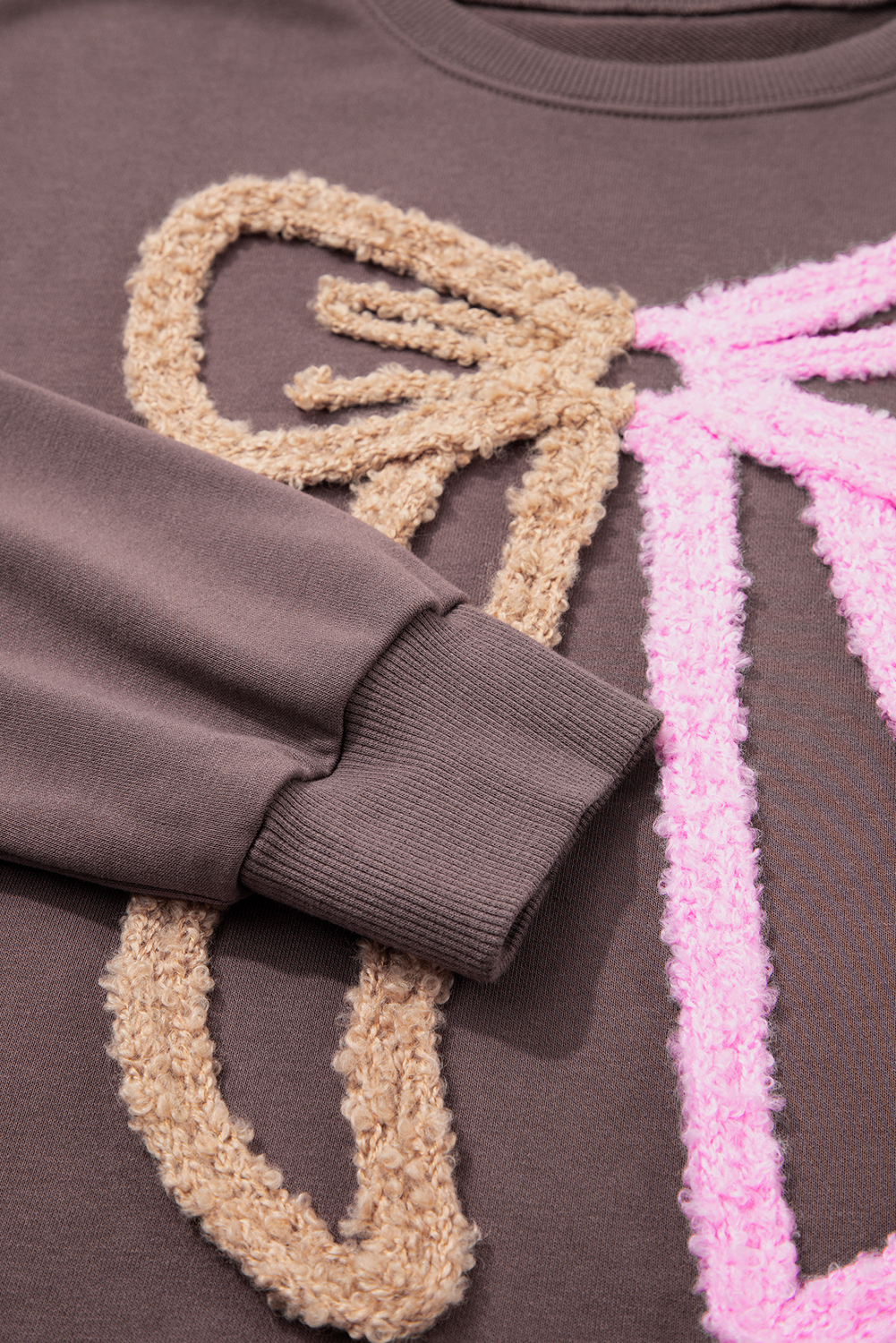 Dark Khaki Contrast Terry Bow Pattern Drop Shoulder Sweatshirt - loveforevers