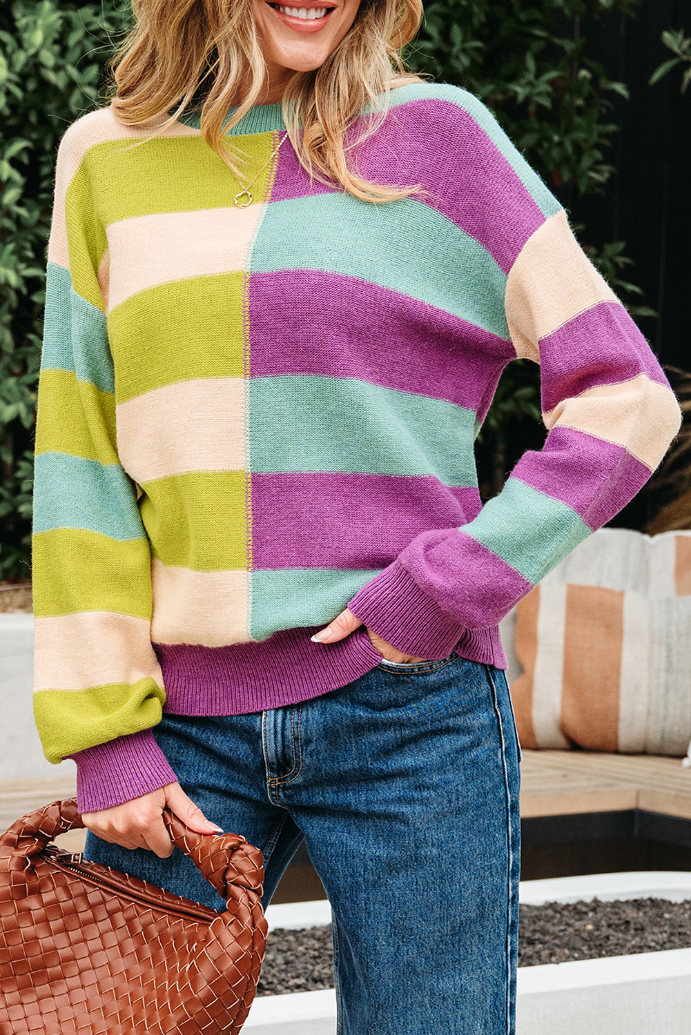Green Stripe Drop Shoulder Ribbed Edge Casual Sweater - loveforevers