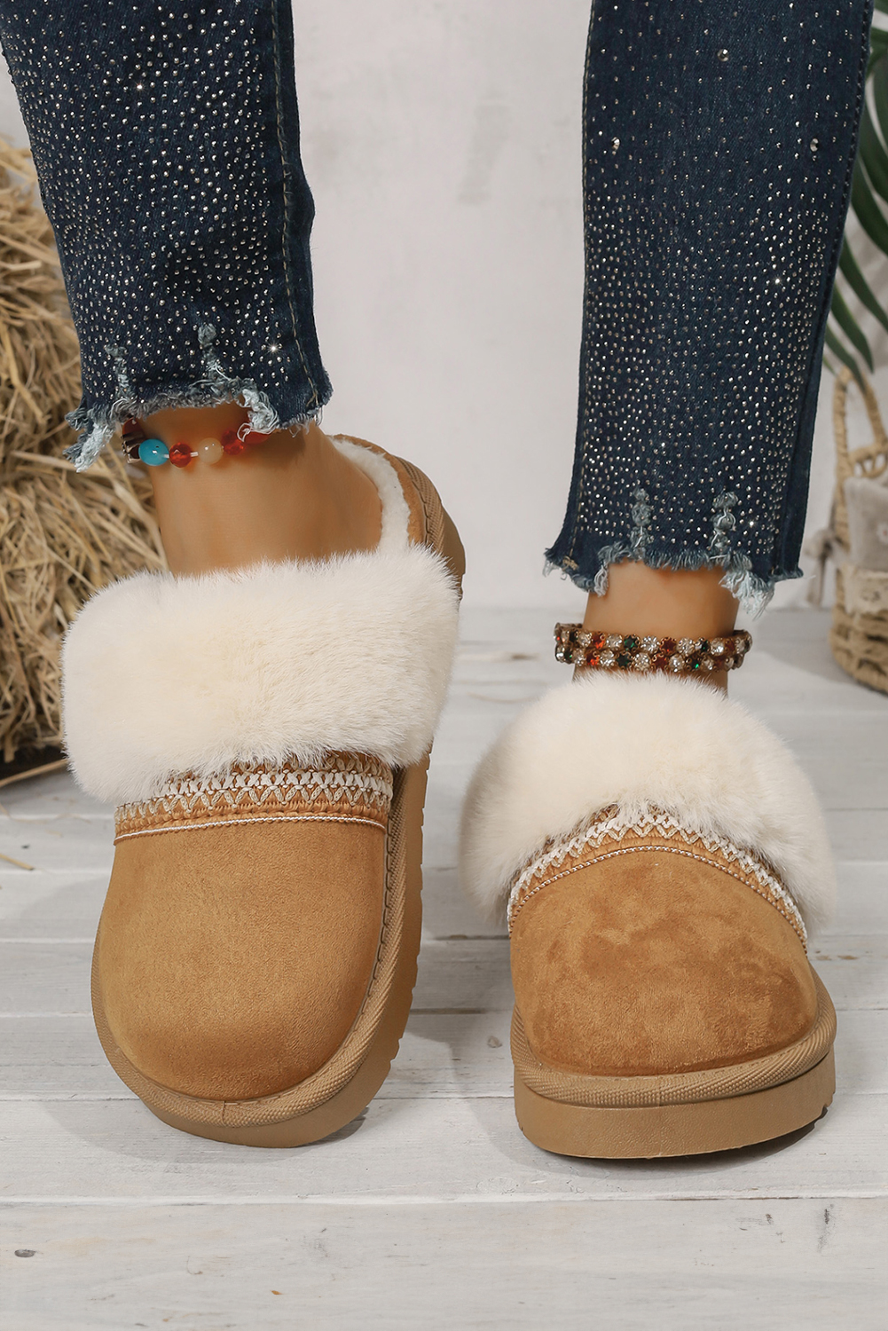 White Faux Suede Plush Trim Ethnic Mule Slippers - loveforevers