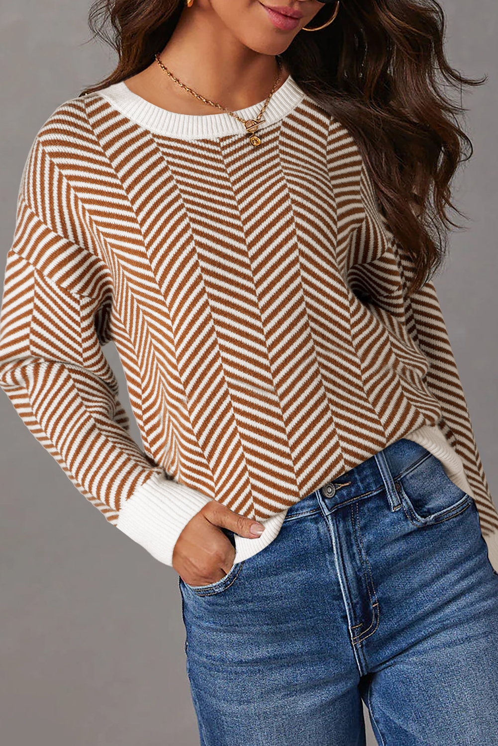 Coffee Contrast Edge Crew Neck Drop Shoulder Sweater - loveforevers