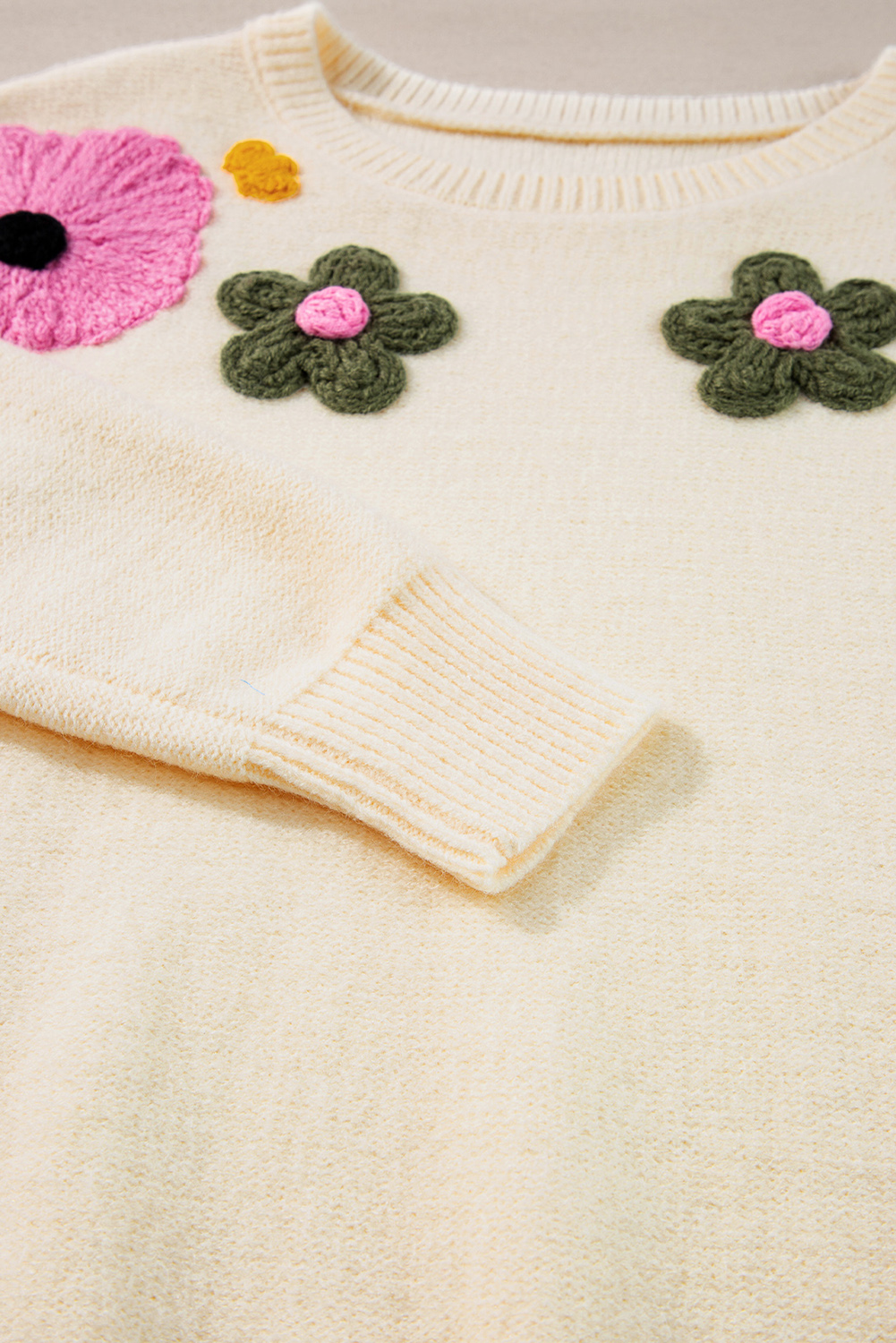 Pink Knitted Flower Pattern Ribbed Edge Sweater - loveforevers