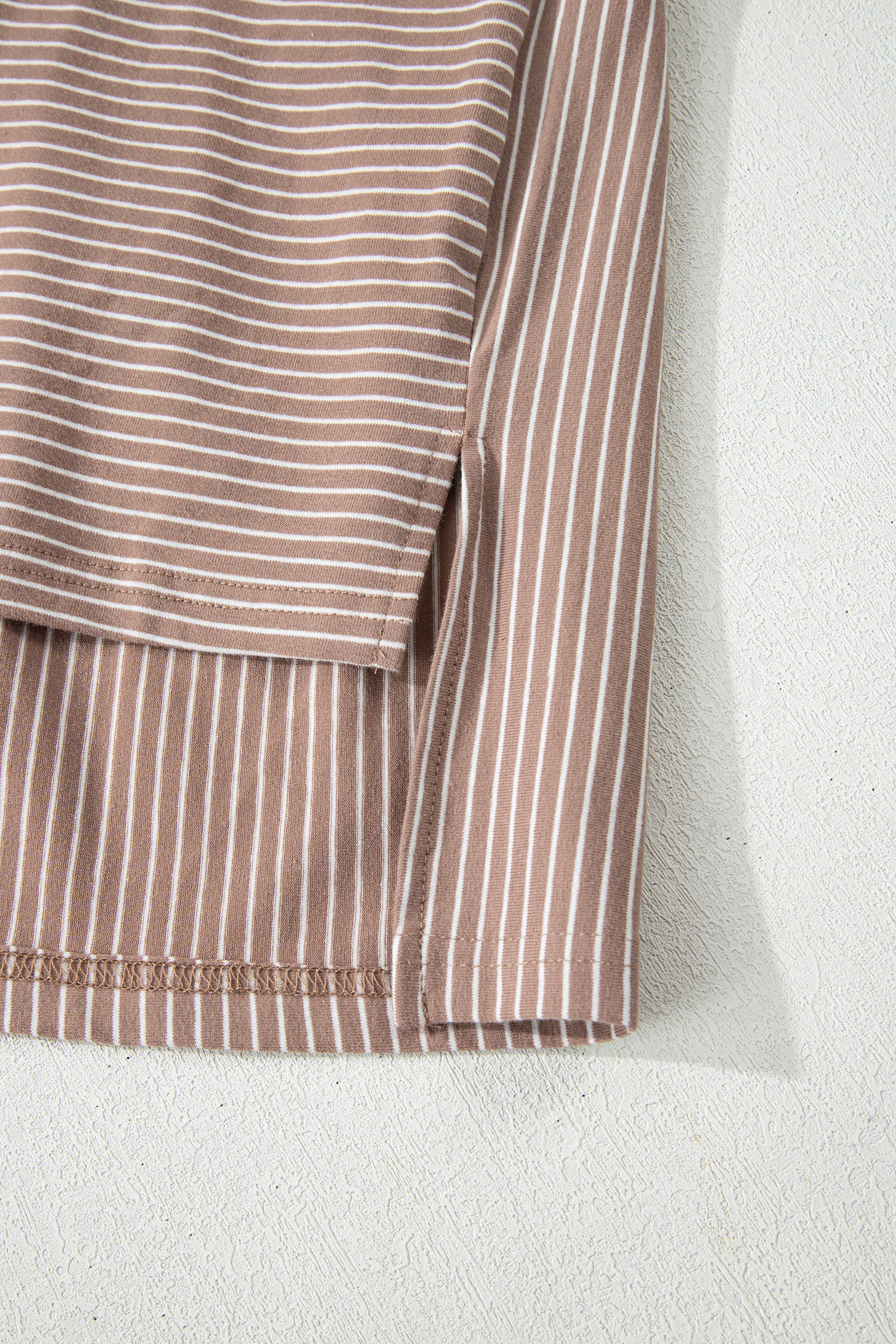Khaki Stripe Buttoned V Neck High Low Side Slit T Shirt - loveforevers