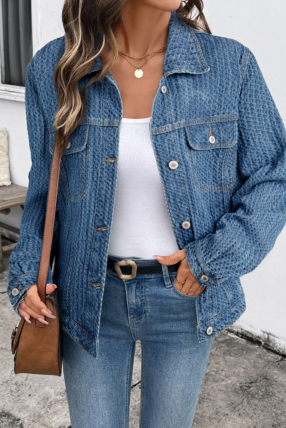 Blue Double Flap Pocket Denim Textured Button Down Jacket - loveforevers