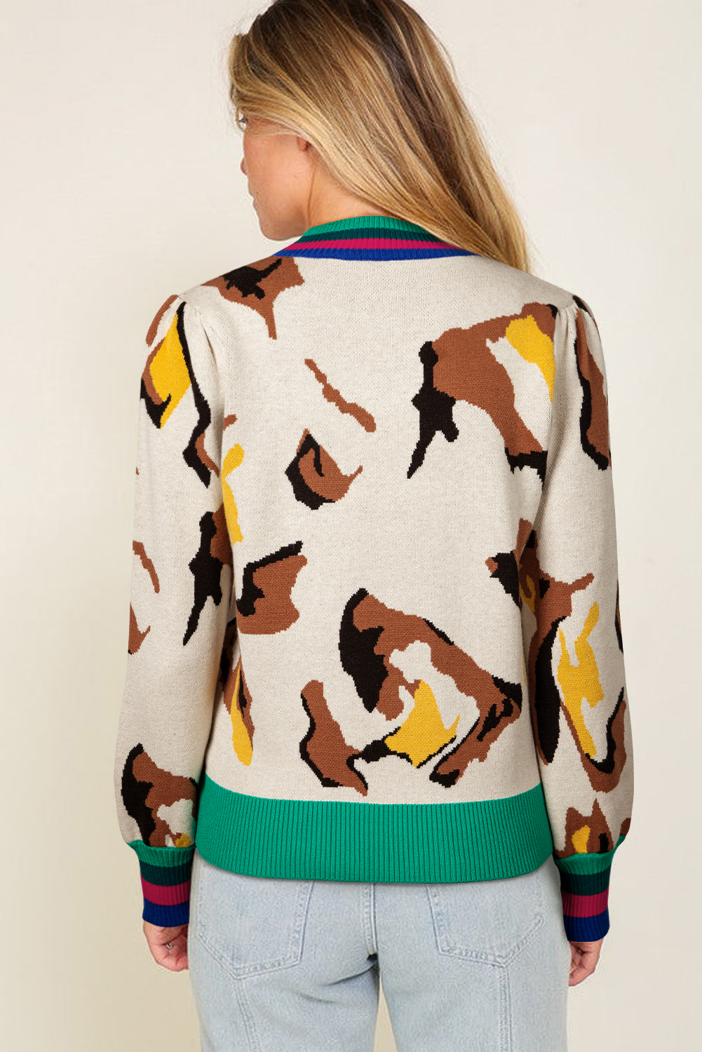 Apricot Contrast Ribbed Stripes Detail Animal Pattern Knit Sweater - loveforevers