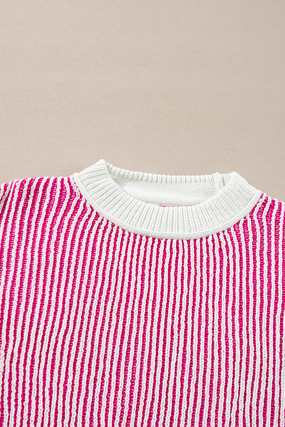 Bright Pink Striped Textured Knit Contrast Edge Loose Sweater - loveforevers