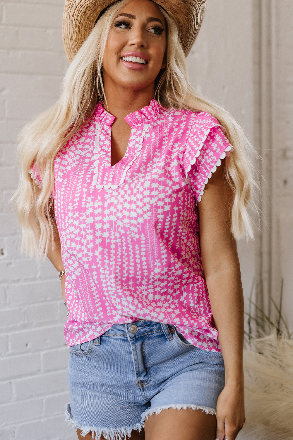 Pink Abstract Print Ric Rac Trim Flutter Sleeve Notch V Neck Blouse - loveforevers